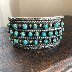 Vintage Three Row Sterling Silver and Turquoise Wide Cuff Bracelet